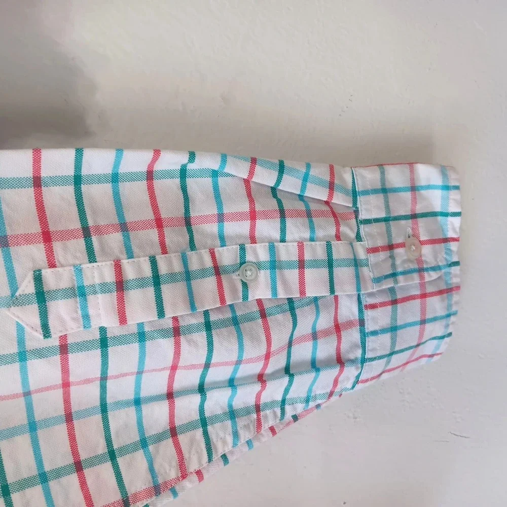 J.Crew Flex Oxford Shirt‎ L  Slim Fit Men's White Red Green Plaid Button Down